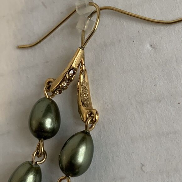 Monet Pearl Necklace Bracelet Dangle Earring Set Sage Green Gold 4 Pc Set - Picture 9 of 10